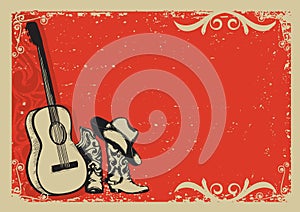 Vintage poster with cowboy boots and music guitar