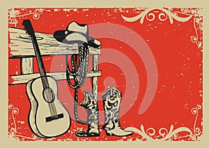 Vintage poster with cowboy clothes and music guitar