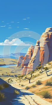 Vintage Poster Design: Beautiful Landscape With Mountains And Desert River photo