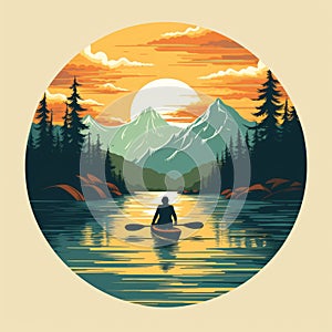 Vintage Poster Design: Canoeing In Mountainous Landscape