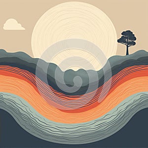 Vintage Poster Design: Earth Waves With Isolated Tree In Abstract Illustration