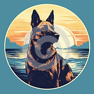 Vintage Poster Design: German Shepherd Dog Silhouette At Beach Sunset