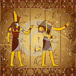 Vintage poster with egyptian gods on the grunge background with silhouettes of the ancient egyptian hieroglyphs.