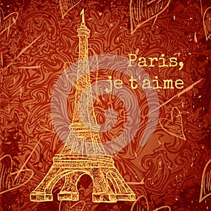 Vintage poster with Eiffel Tower on the grunge background. Retro illustration in sketch style ' I love Paris'