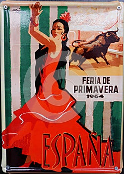 Vintage poster, female flamenco dancer for Seville Spring Fair, Spain