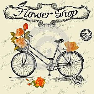 Vintage poster for flower shop design with bicycle