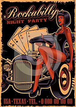 Vintage poster with girl devil on the classic car.