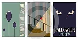 Vintage poster Halloween movie minimalism set for flyer design. Horror old cinema. Layout template. Party decoration