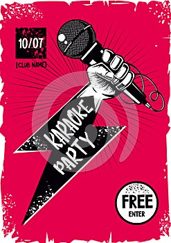 Vintage poster with hand and microphone. Vocal battle background. Retro style vector template.