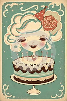 Vintage poster happy birthday, cake, card, postcard, vintage, dreamy, fun, cute, happy