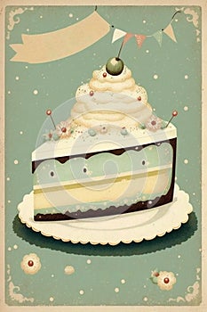 Vintage poster happy birthday, cake, card, postcard, vintage, dreamy, fun, cute, happy