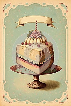 Vintage poster happy birthday, cake, card, postcard, vintage, dreamy, fun, cute, happy