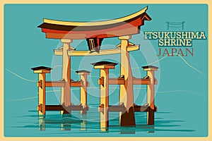 Vintage poster of Itsukushima Shrine in Hatsukaichi famous monument in Japan
