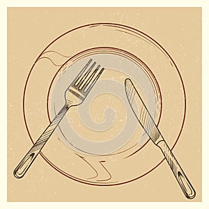 Vintage poster with knife, fork, plate