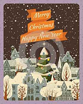 Vintage poster Merry Christmas and Happy New Year, winter old town cityscape. Urban landscape greeting card. Vector