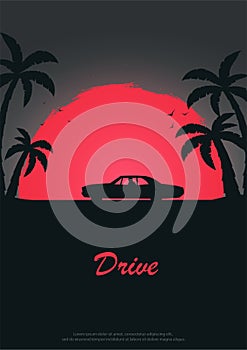 Vintage Poster with old car. Sunset at the California. Palms and City Landscape. Vector illustration.