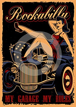 Vintage poster with pin up girl and classic car