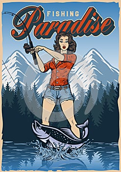 Vintage poster with a pin up girl on a fishing trip