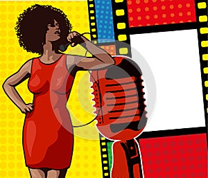 Vintage poster with retro woman. Red dress on woman. Retro microphone. Jazz, soul and blues live music concert poster.