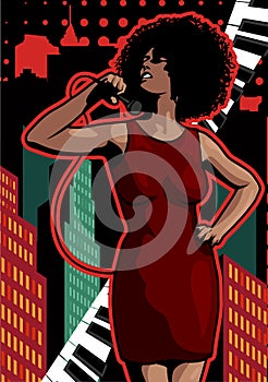 Vintage poster with retro woman. Red dress on woman. Retro microphone. Piano keys. Jazz, soul and blues live music concert poster.