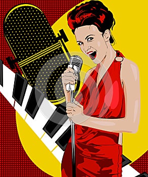 Vintage poster with retro woman. Red dress on woman. Retro microphone. Piano keys. Jazz, soul and blues live music concert poster.