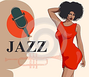 Vintage poster with retro woman singer. Red dress on woman. Retro microphone. Jazz, soul and blues live music concert poster.