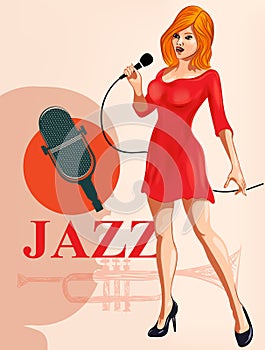 Vintage poster with retro woman singer. Red dress on woman. Retro microphone. Jazz, soul and blues live music concert poster.