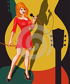 Vintage poster with retro woman singer. Red dress on woman. Retro microphone. Jazz, soul and blues live music concert poster.