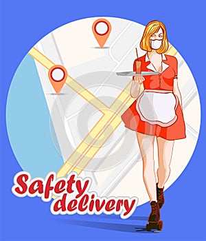 Vintage poster with roller skate waitress and modern map with GPS mark. Food order. Vector image