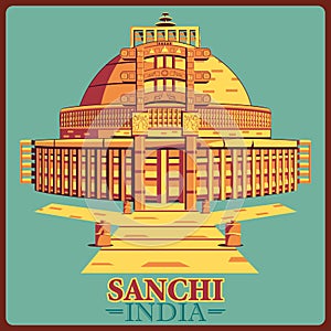 Vintage poster of Sanchi Stupa in Madhya Pradesh famous monument of India