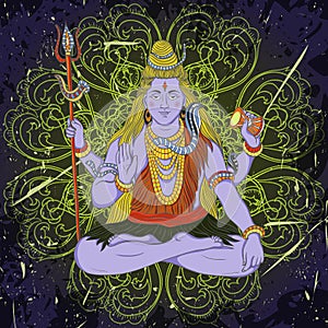 Vintage poster with sitting Indian god Shiva on the grunge background.