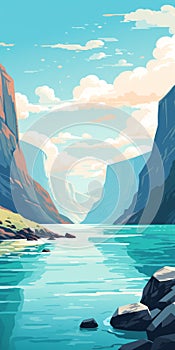 Vintage Poster Style Illustration Of A Mountain Fjord In Pastel Colors