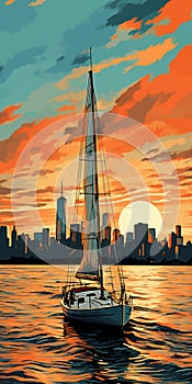 Vintage Poster Style Painting Of New York Harbor Sunset With Beneteau 36.7 photo