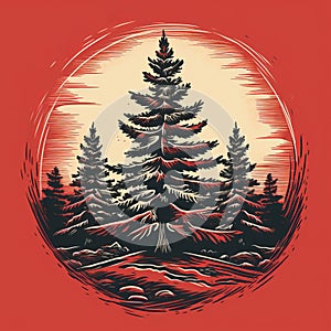 Vintage Poster Style T-shirt Design With Fir Trees And Sunset