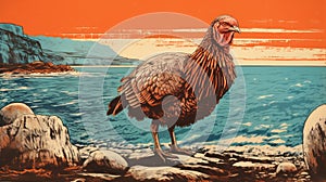 Vintage Poster Style Turkey Portrait On Ocean Rocks