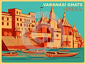 Vintage poster of Varanasi Ghats of Uttar Pradesh famous place in India photo