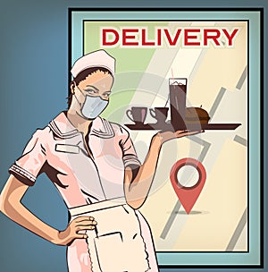 Vintage poster with waitress and modern map with GPS mark. Food order. Vector image