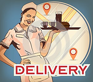 Vintage poster with waitress and modern map with GPS mark. Food order. Vector image