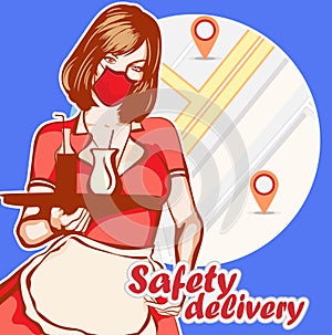 Vintage poster with waitress and modern map with GPS mark. Food order. Vector image