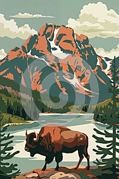 Vintage poster of Yellowstone national park with bison animal