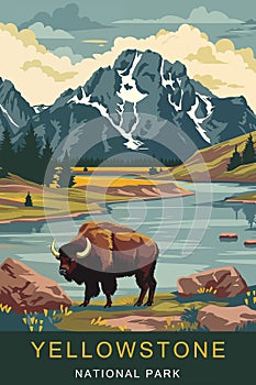 Vintage poster of Yellowstone national park with bison animal. Ai generated image