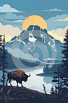 Vintage poster of Yellowstone national park with bison animal. Ai generated image