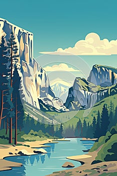 Vintage poster of Yosemite national park, California, USA. Ai generated image