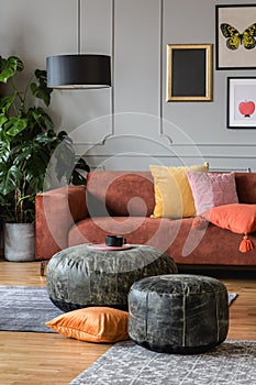 Vintage poufs in trendy eclectic living room interior with brown couch photo