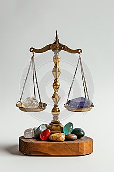 Vintage precision weighing scale with various gemstones, suitable for educational materials on gemology, historical