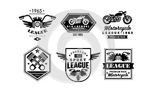 Vintage premium motorcycle league logo set, retro badges for biker club, motorcycle parts store, repair service vector