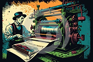 Vintage printing press in action with a skilled pressman operating the machine and colorful ink rollers