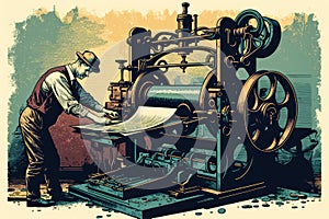 Vintage printing press in action with a skilled pressman operating the machine and colorful ink rollers