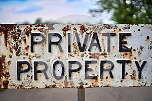 Vintage private property sign. Metallic and rusty. Close up