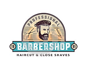 Vintage Professional Gentleman Close Shave Barbershop Logo Badge Emblem